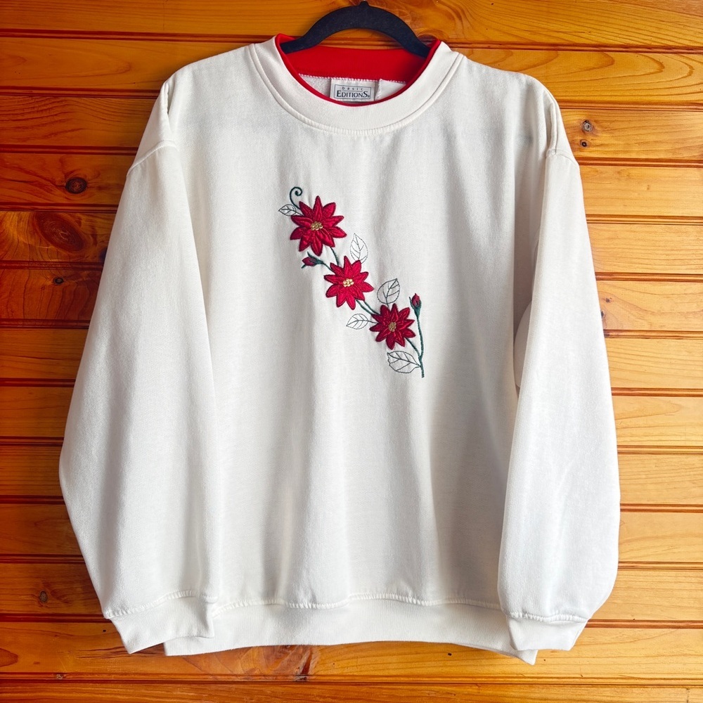 Vintage Embroidered Poinsettia Sweatshirt Floral Cottagecore 90s Large